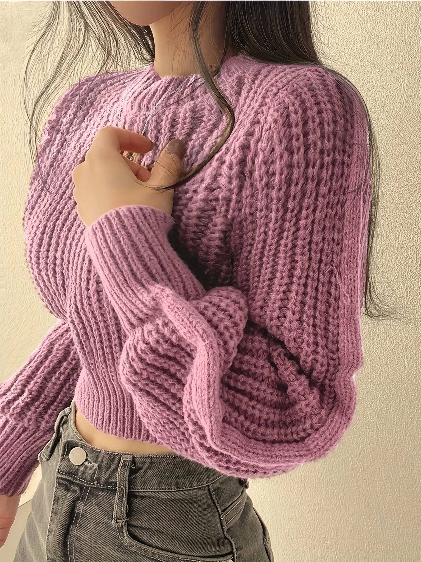 Cozy Crew Neck Crop Sweater - Women's Casual Long Sleeve Knitwear for Fall & Winter - Soft, Warm, and Comfortable Clothing for Everyday Wear