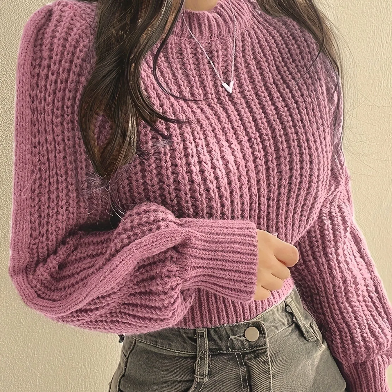 Cozy Crew Neck Crop Sweater - Women's Casual Long Sleeve Knitwear for Fall & Winter - Soft, Warm, and Comfortable Clothing for Everyday Wear
