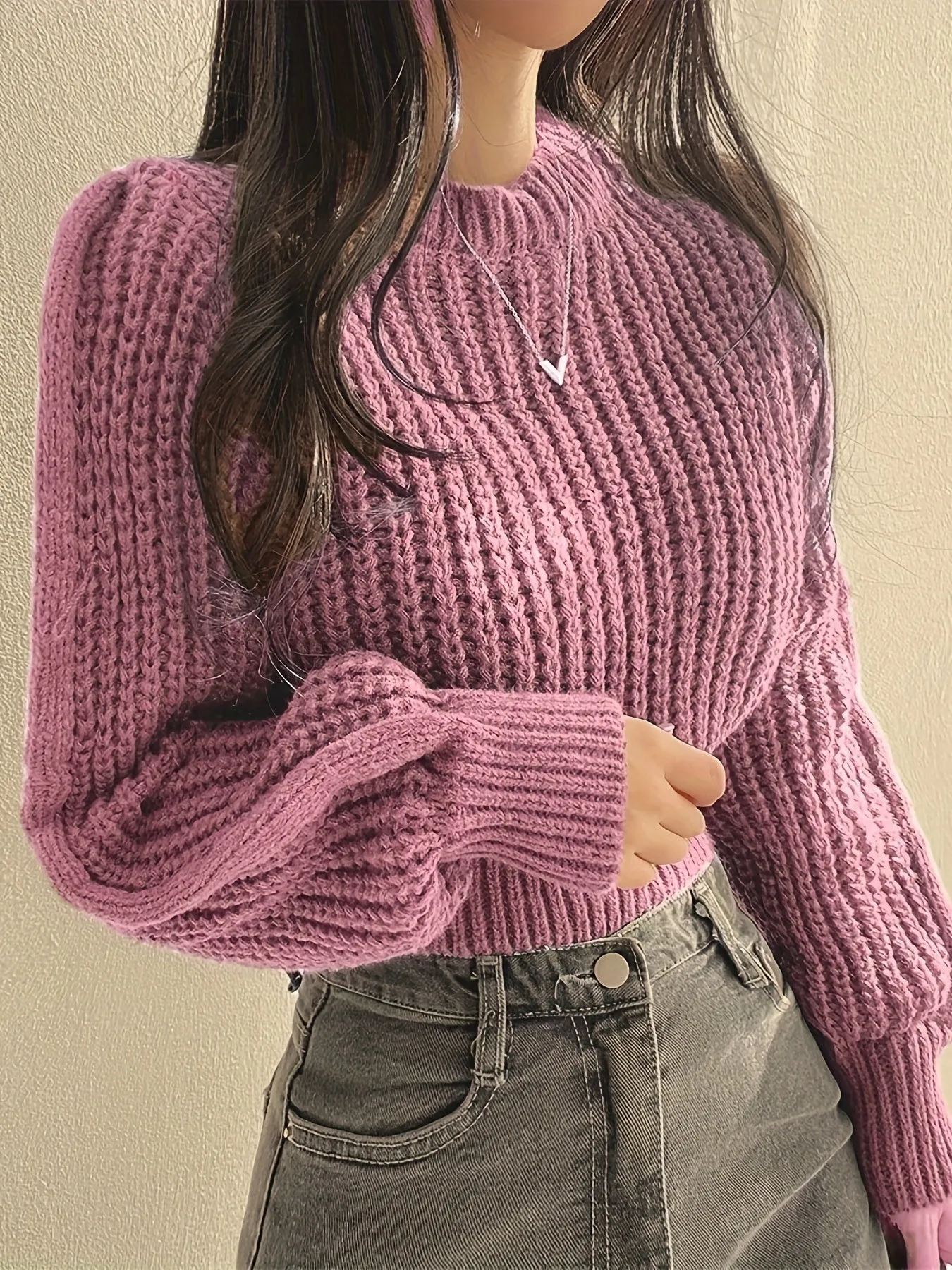 Cozy Crew Neck Crop Sweater - Women's Casual Long Sleeve Knitwear for Fall & Winter - Soft, Warm, and Comfortable Clothing for Everyday Wear