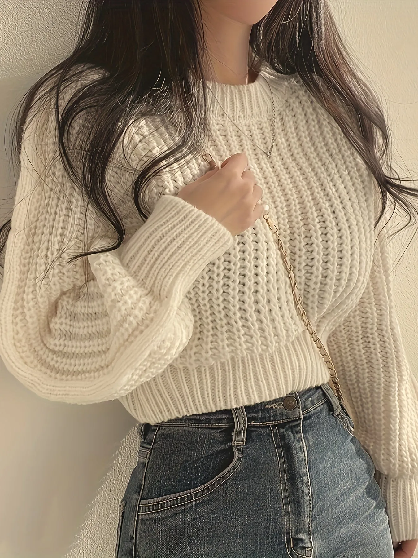 Cozy Crew Neck Crop Sweater - Women's Casual Long Sleeve Knitwear for Fall & Winter - Soft, Warm, and Comfortable Clothing for Everyday Wear