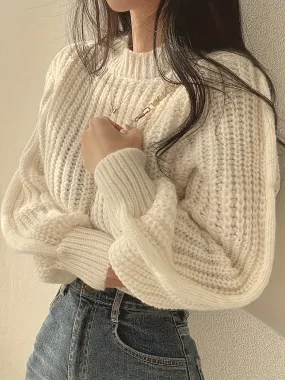 Cozy Crew Neck Crop Sweater - Women's Casual Long Sleeve Knitwear for Fall & Winter - Soft, Warm, and Comfortable Clothing for Everyday Wear