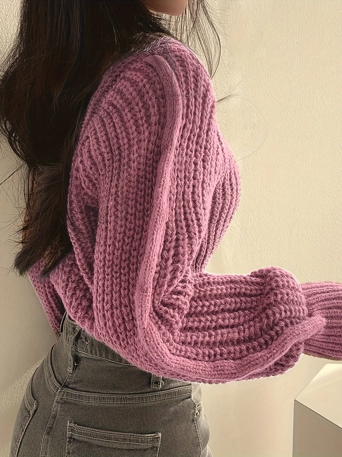 Cozy Crew Neck Crop Sweater - Women's Casual Long Sleeve Knitwear for Fall & Winter - Soft, Warm, and Comfortable Clothing for Everyday Wear
