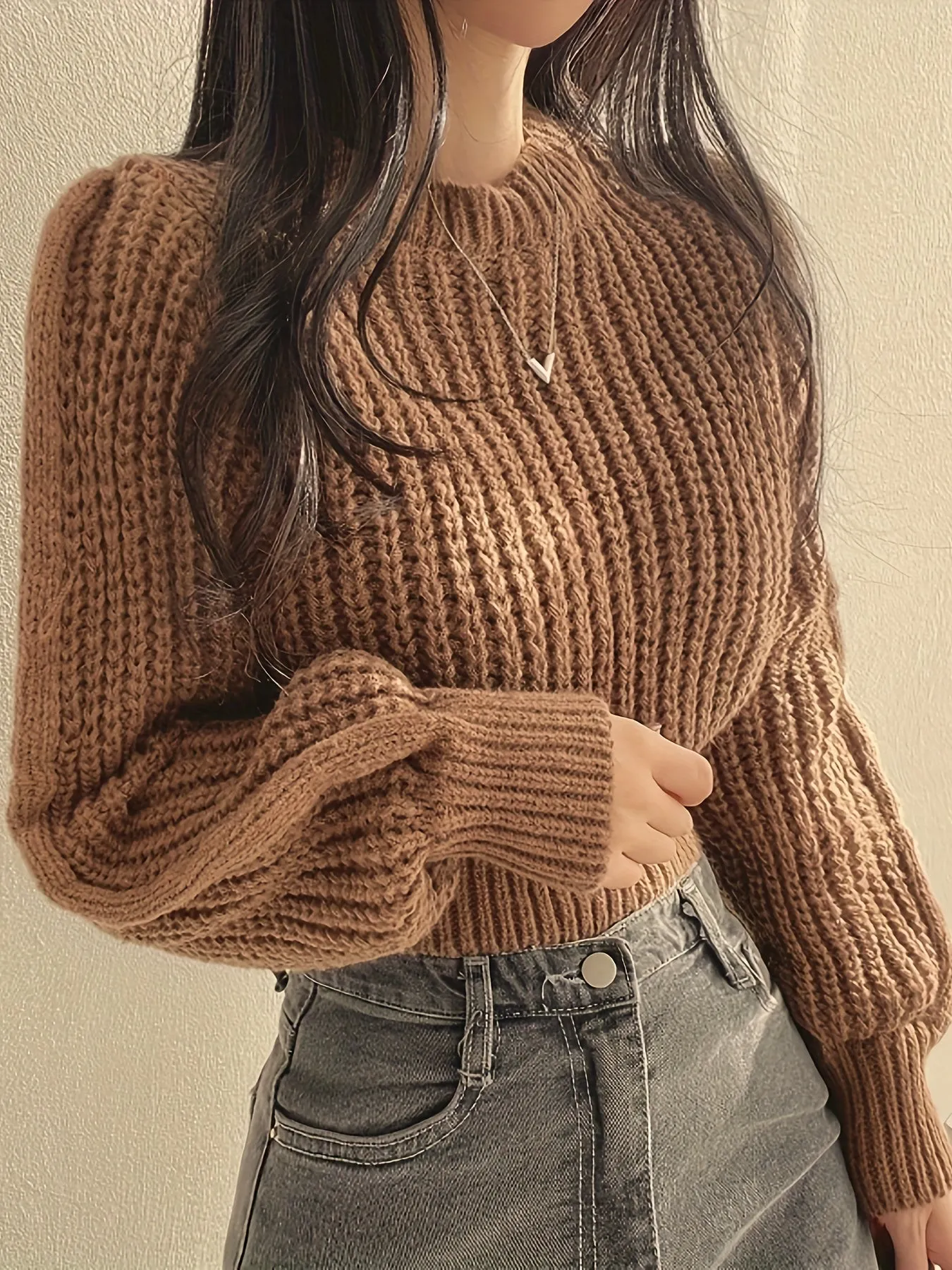Cozy Crew Neck Crop Sweater - Women's Casual Long Sleeve Knitwear for Fall & Winter - Soft, Warm, and Comfortable Clothing for Everyday Wear