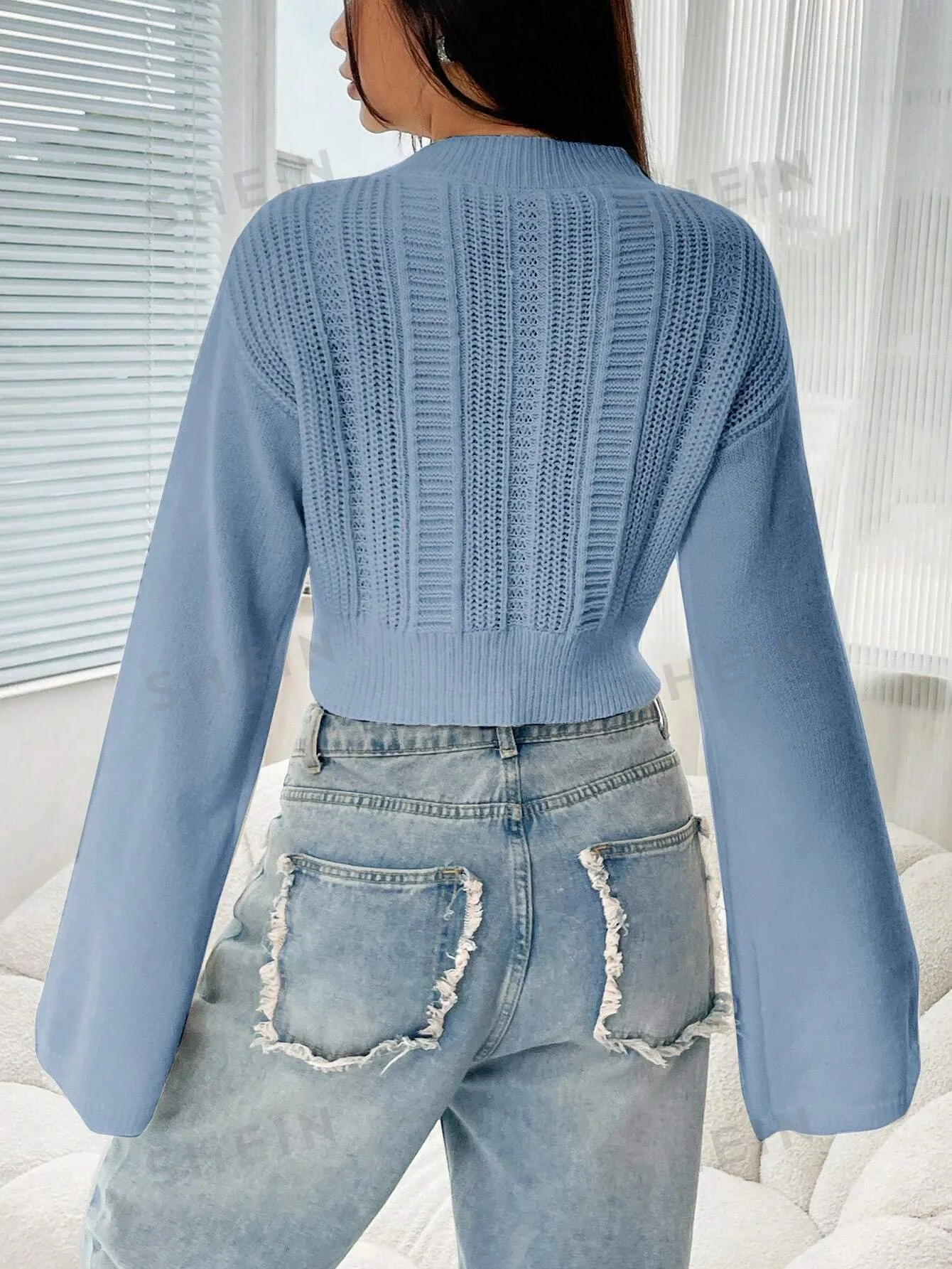 EZwear Ladies' Cable Knitted Sweater, Stand Collar And Flared Sleeves