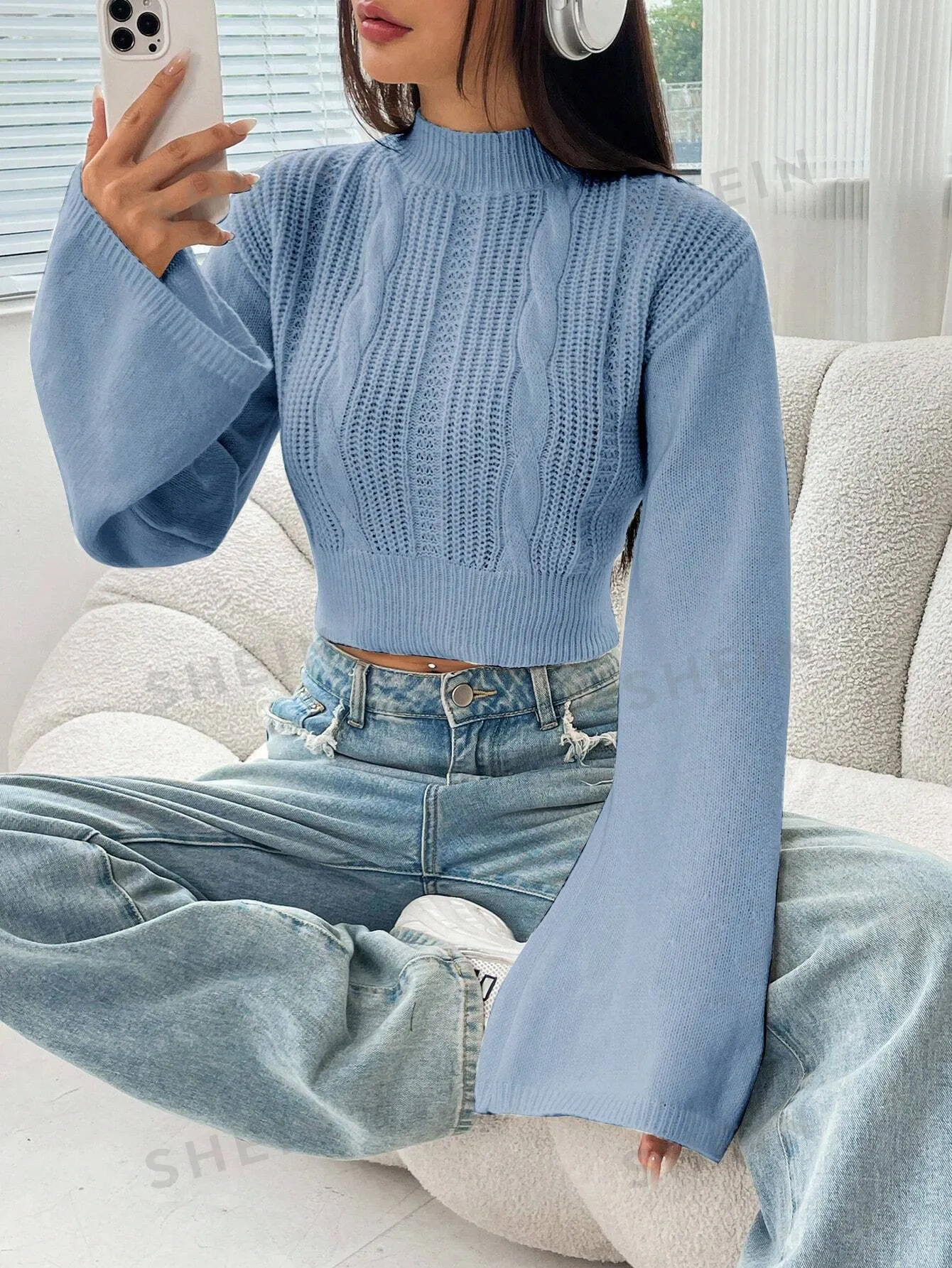 EZwear Ladies' Cable Knitted Sweater, Stand Collar And Flared Sleeves