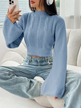 EZwear Ladies' Cable Knitted Sweater, Stand Collar And Flared Sleeves
