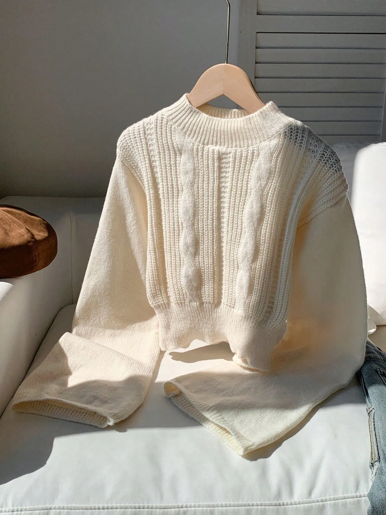EZwear Ladies' Cable Knitted Sweater, Stand Collar And Flared Sleeves