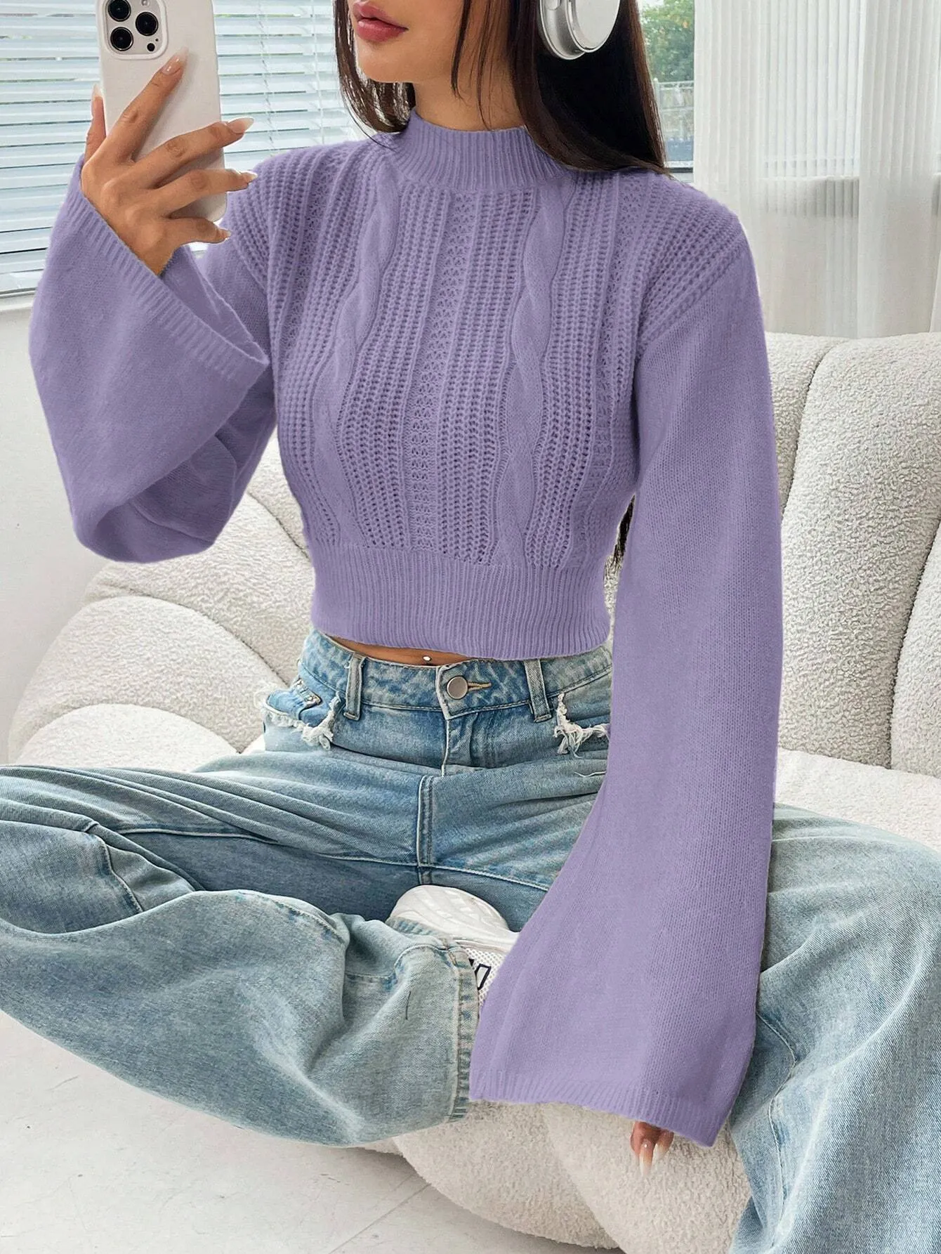 EZwear Ladies' Cable Knitted Sweater, Stand Collar And Flared Sleeves