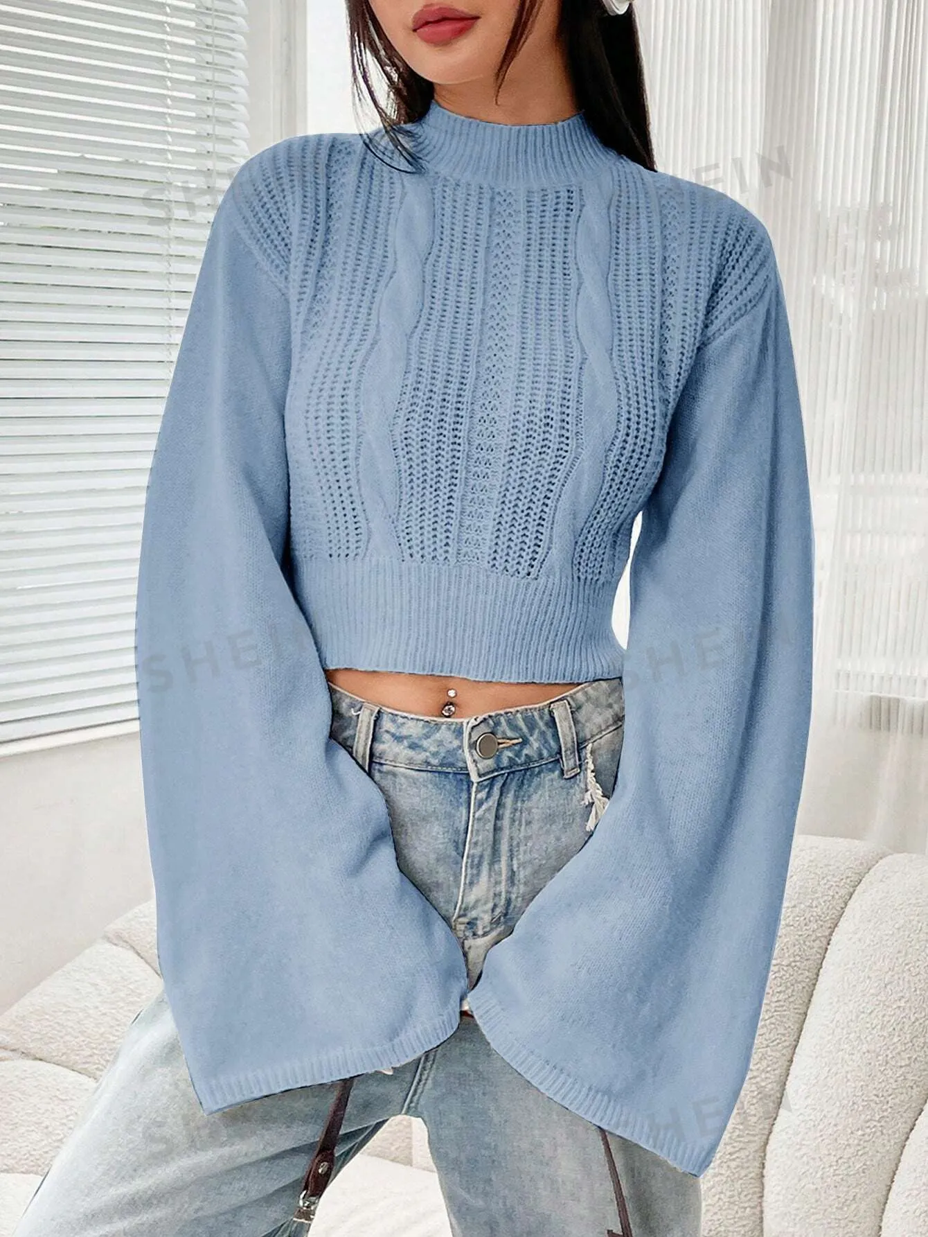 EZwear Ladies' Cable Knitted Sweater, Stand Collar And Flared Sleeves