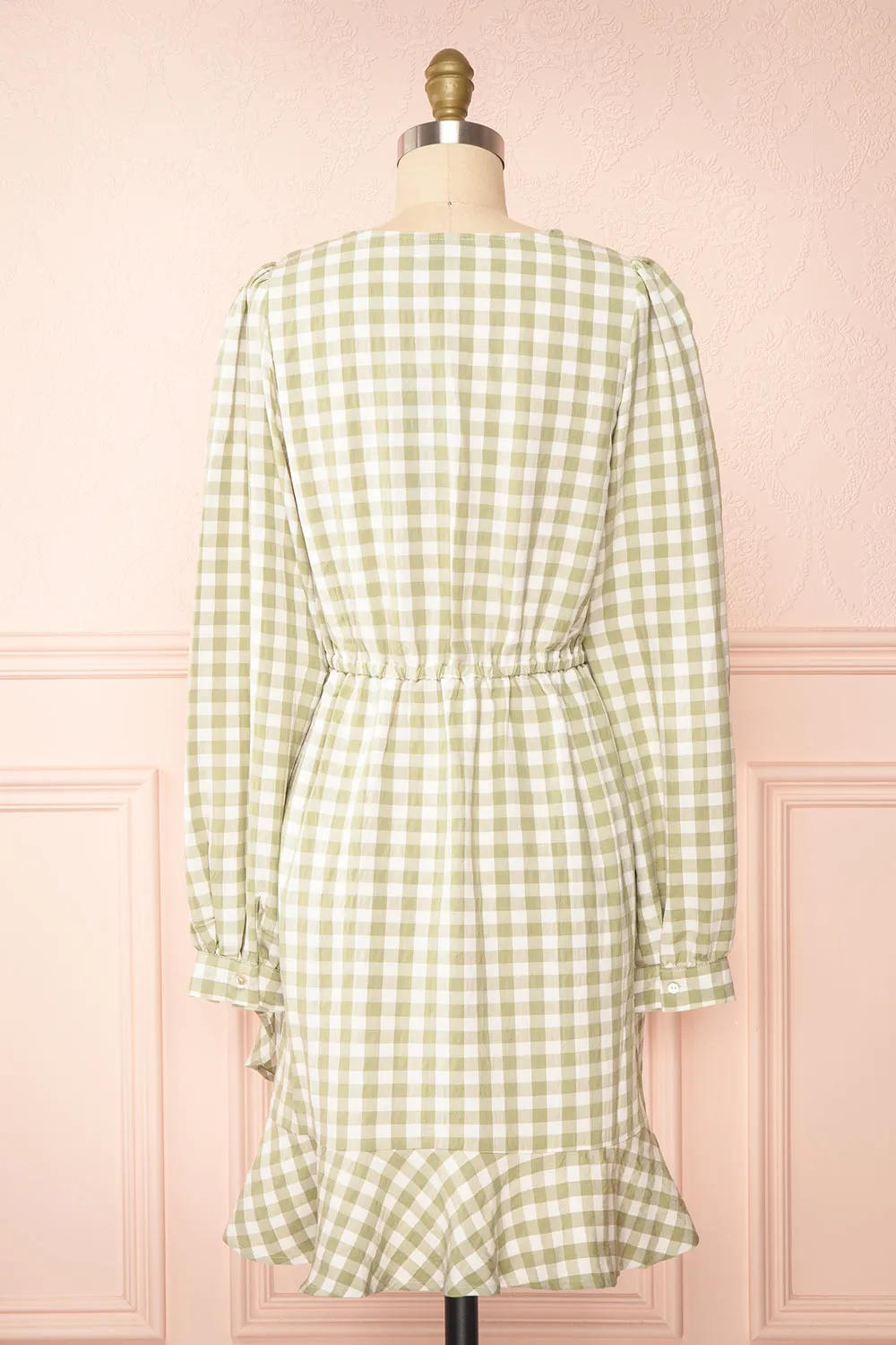 Grutha Green | Long Sleeve Short Gingham Dress w/ Ruffles