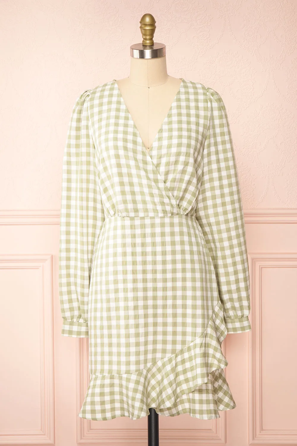 Grutha Green | Long Sleeve Short Gingham Dress w/ Ruffles