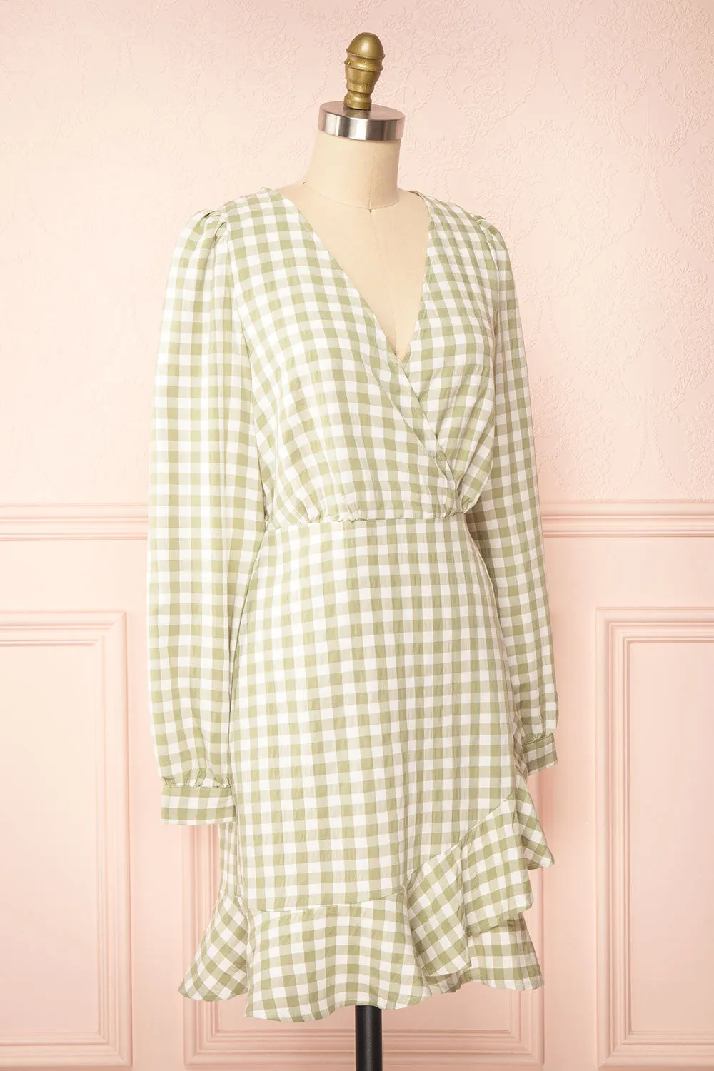 Grutha Green | Long Sleeve Short Gingham Dress w/ Ruffles