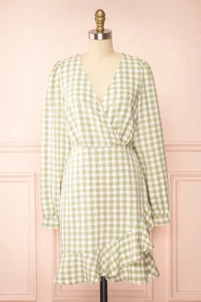 Grutha Green | Long Sleeve Short Gingham Dress w/ Ruffles
