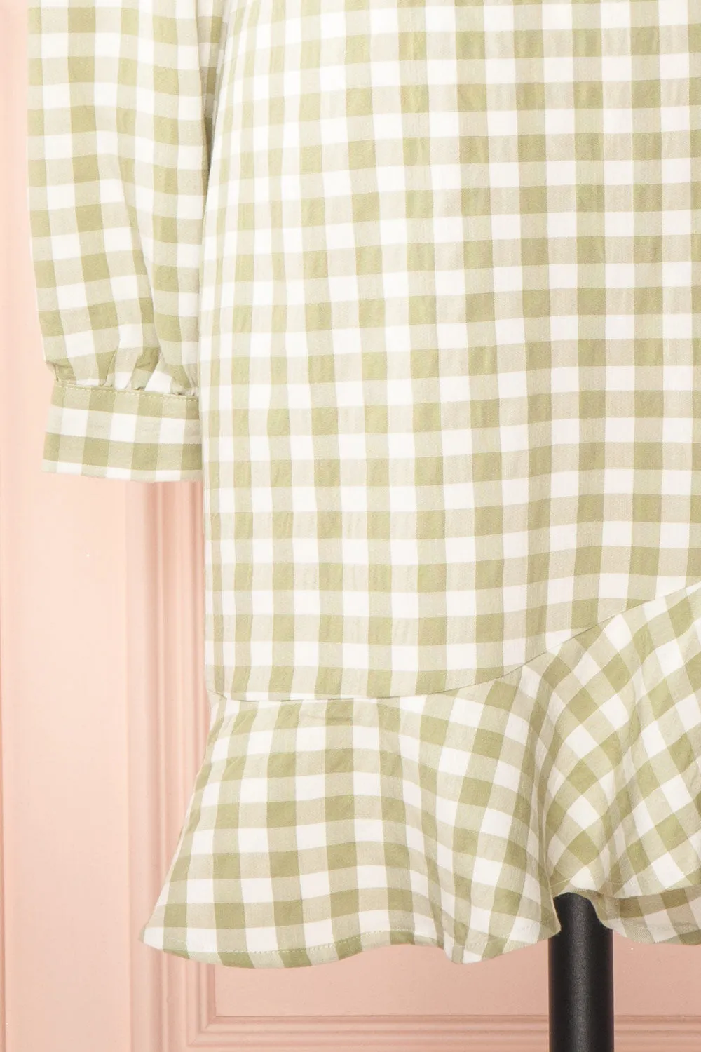 Grutha Green | Long Sleeve Short Gingham Dress w/ Ruffles