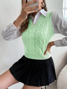 Solid Cable Knit Sweater Vest Without Blouse